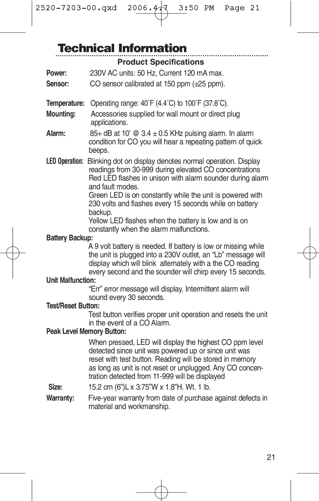 Kidde KN-COPD-3-UK Technical Information, Product Specifications, Battery Backup, Unit Malfunction, Test/Reset Button 