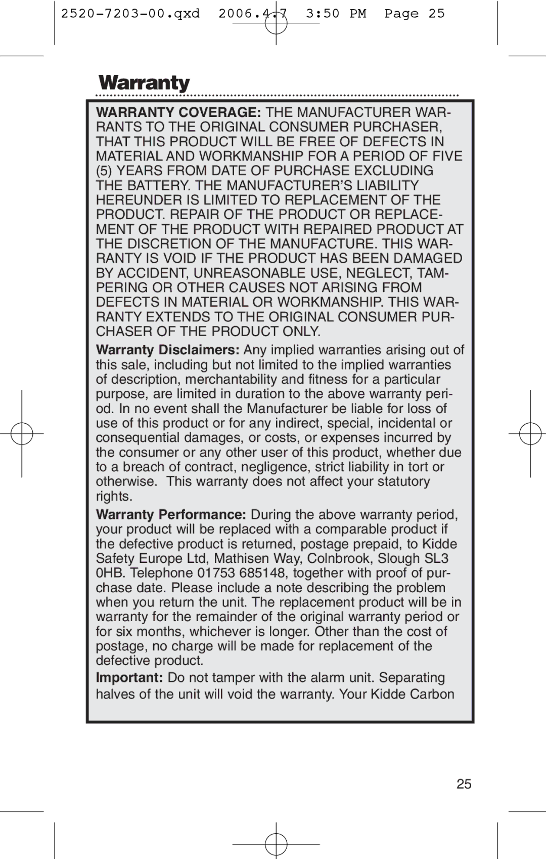 Kidde KN-COPD-3-UK manual Warranty 