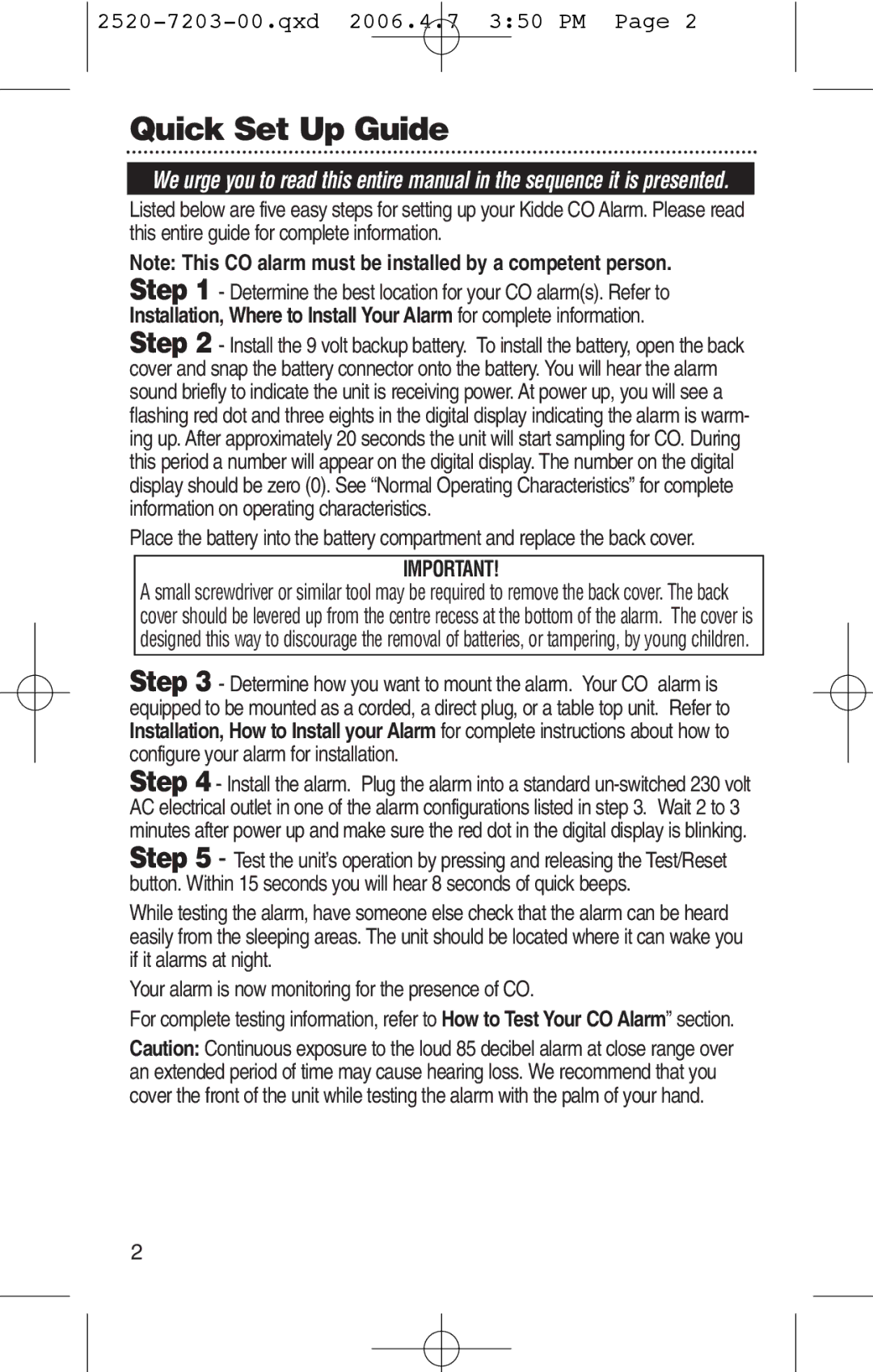 Kidde KN-COPD-3-UK manual Quick Set Up Guide 