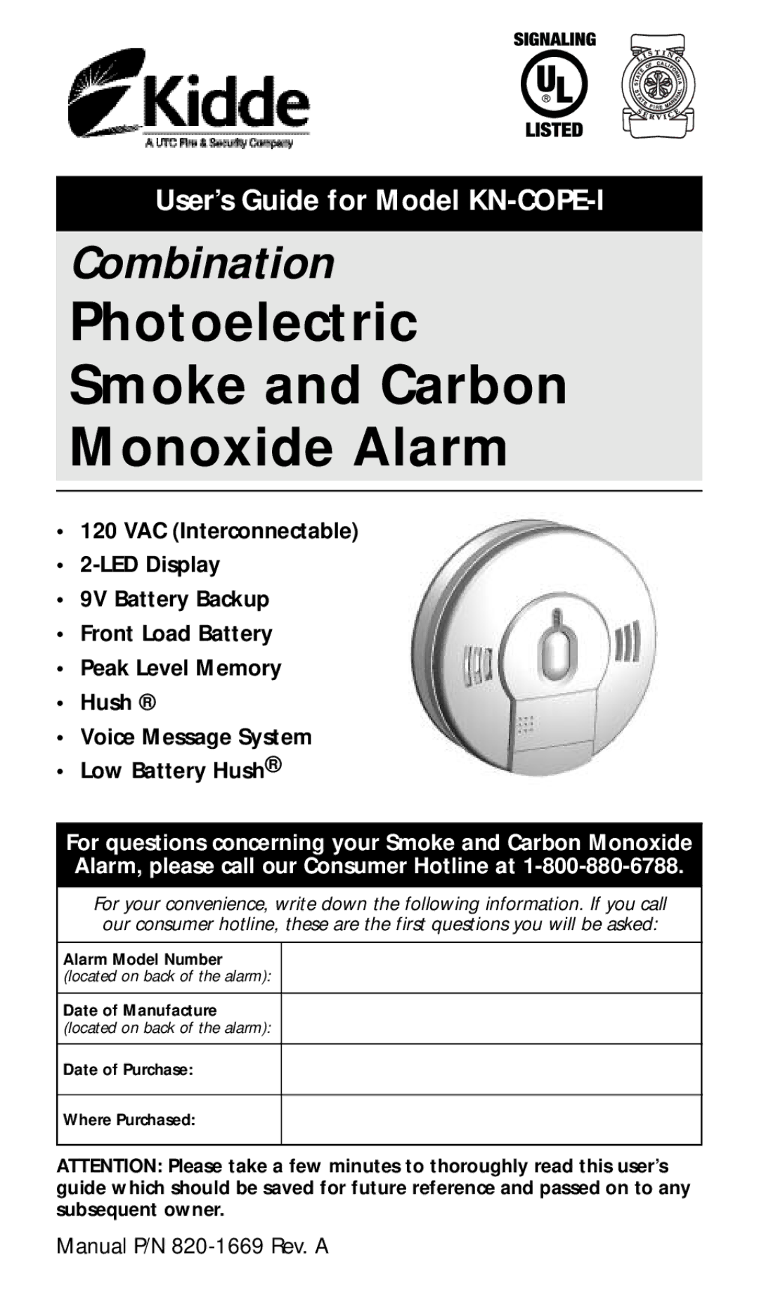 Kidde KN-COPE-I manual Photoelectric Smoke and Carbon Monoxide Alarm 