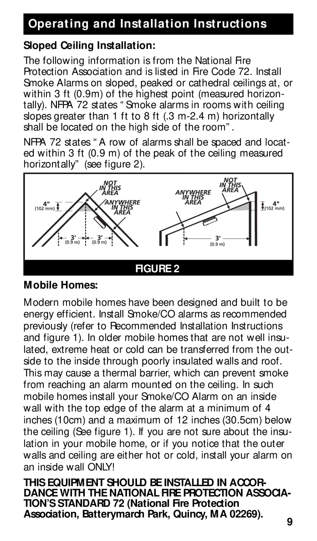 Kidde KN-COPE-I manual Sloped Ceiling Installation, Mobile Homes 