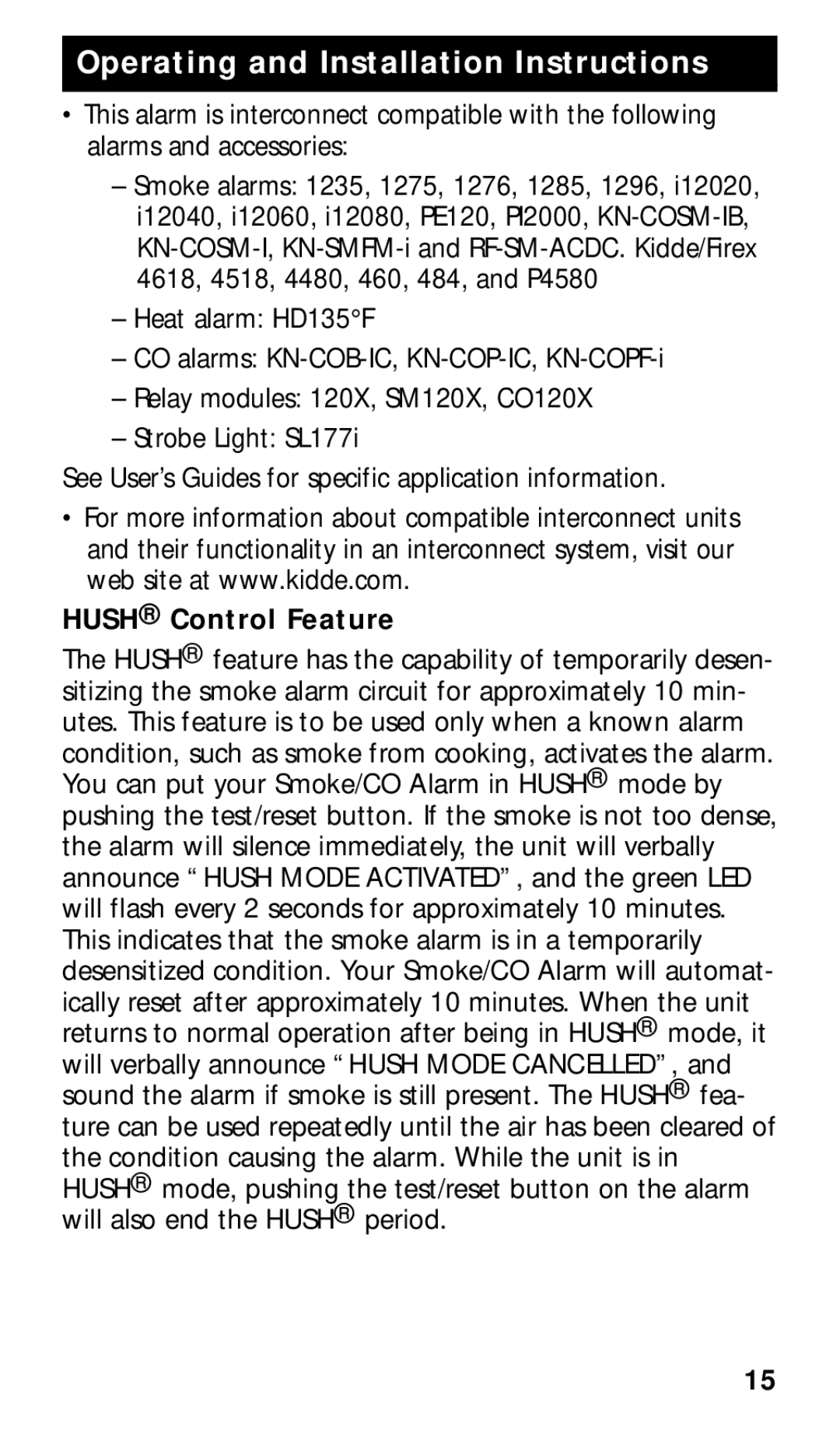 Kidde KN-COPE-I manual Hush Control Feature 