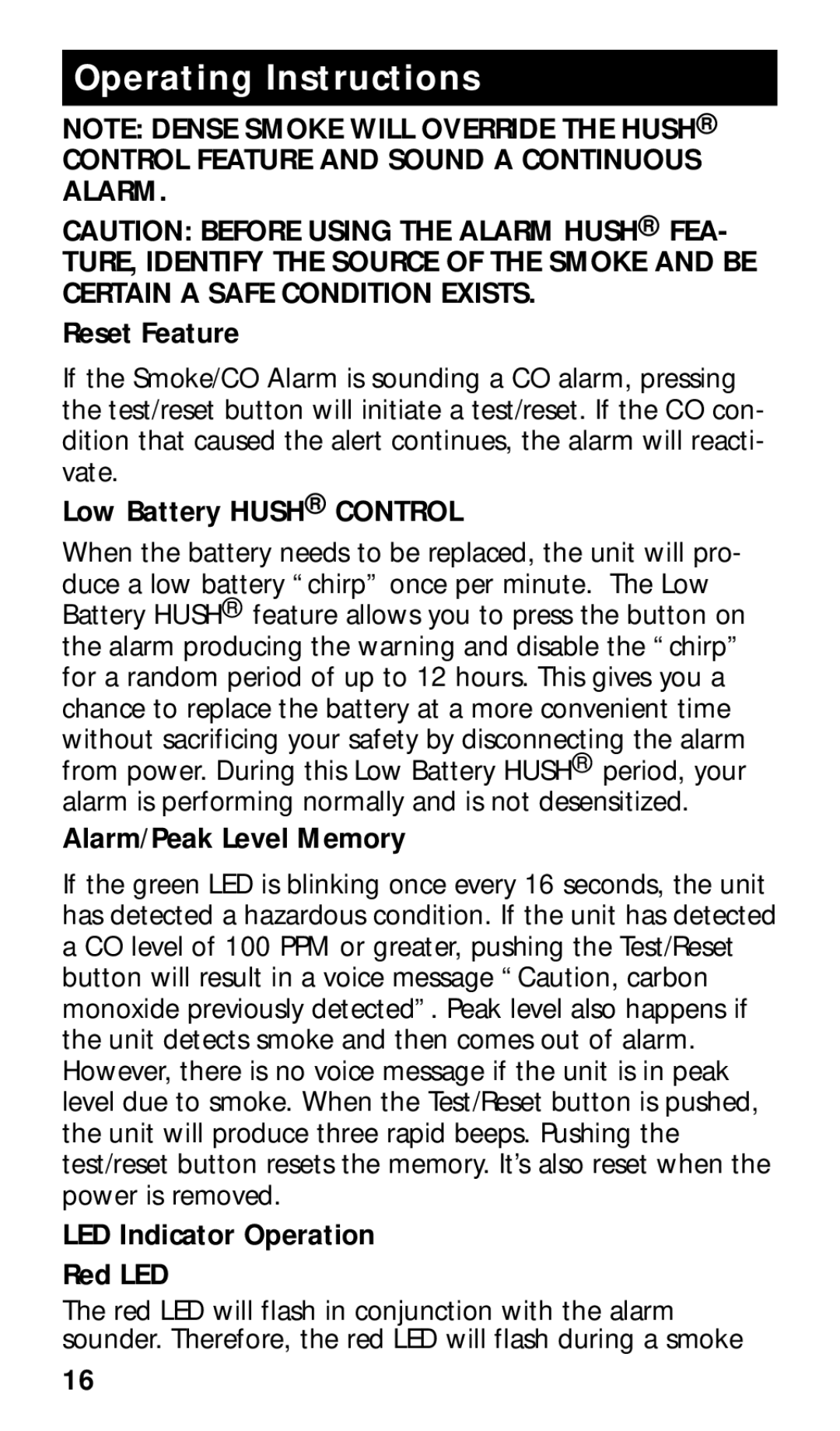 Kidde KN-COPE-I manual Operating Instructions, Reset Feature, Low Battery Hush Control, Alarm/Peak Level Memory 