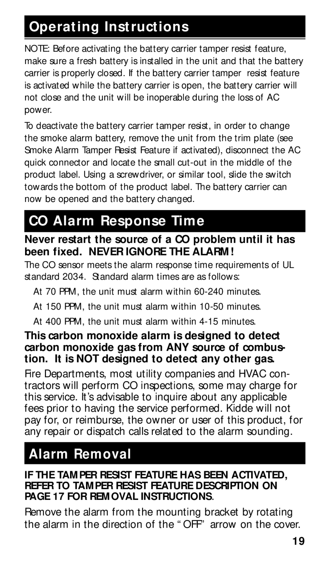 Kidde KN-COPE-I manual CO Alarm Response Time, Alarm Removal 