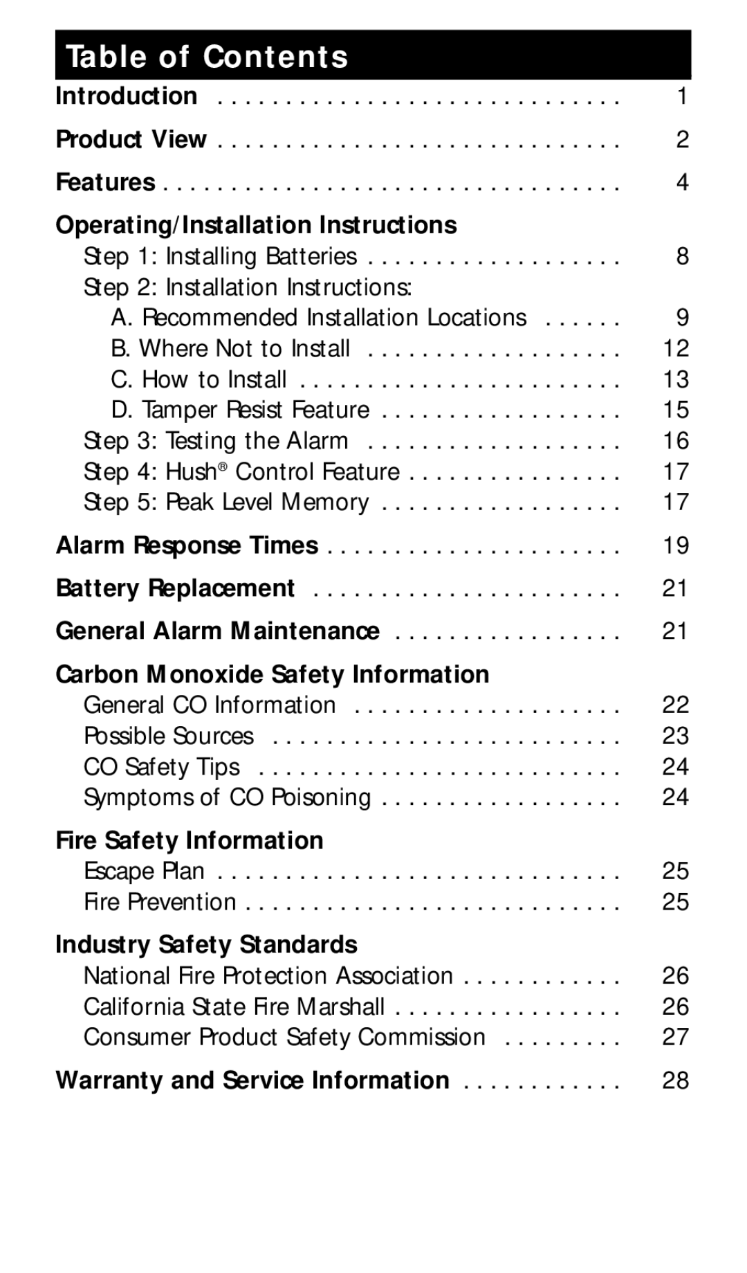 Kidde KN-COPE-I manual Table of Contents 