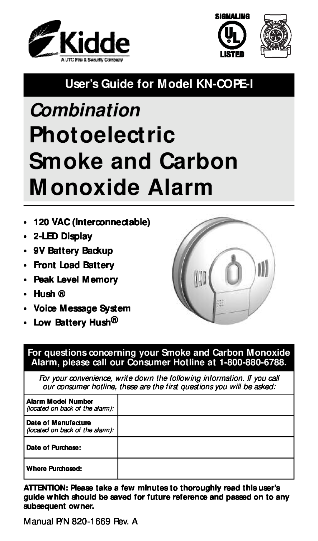 Kidde manual User’s Guide for Model KN-COPE-I, Photoelectric Smoke and Carbon Monoxide Alarm, Combination 