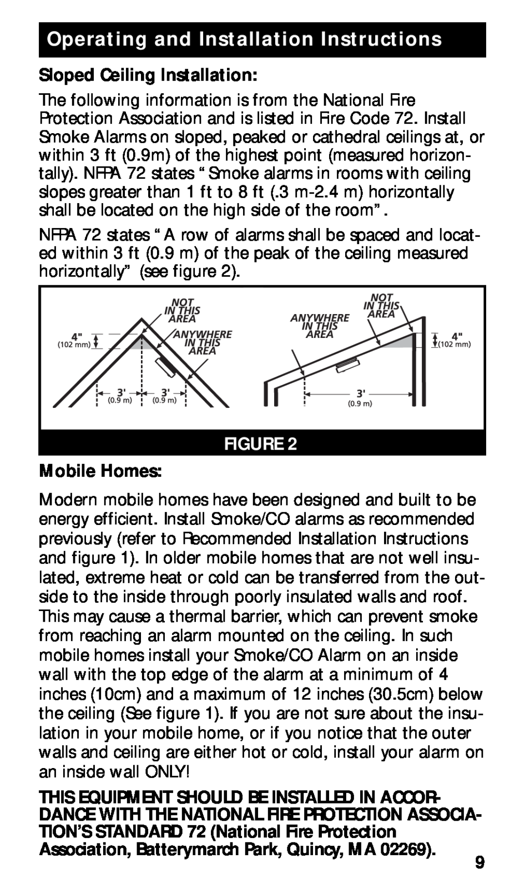 Kidde KN-COPE-I manual Sloped Ceiling Installation, Mobile Homes, Operating and Installation Instructions 