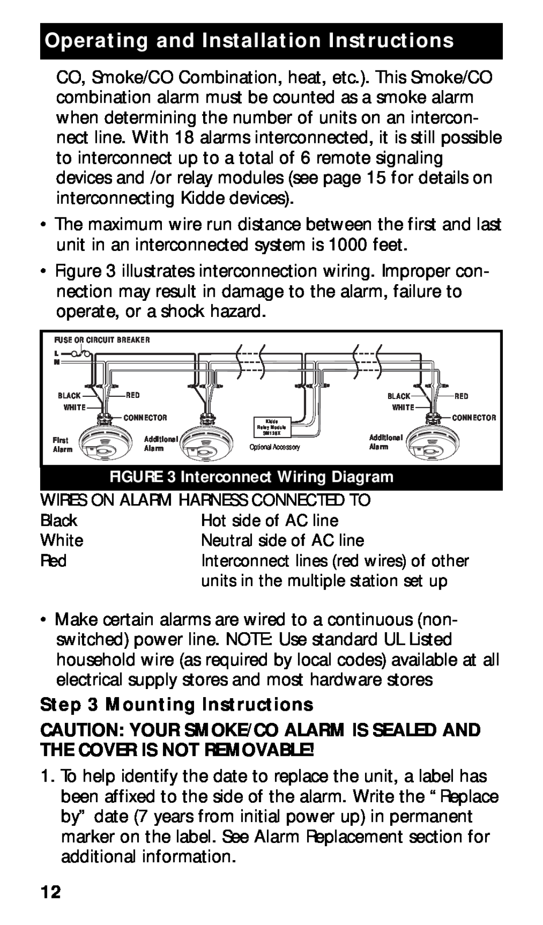 Kidde KN-COPE-I Mounting Instructions, Operating and Installation Instructions, Wires On Alarm Harness Connected To, Black 