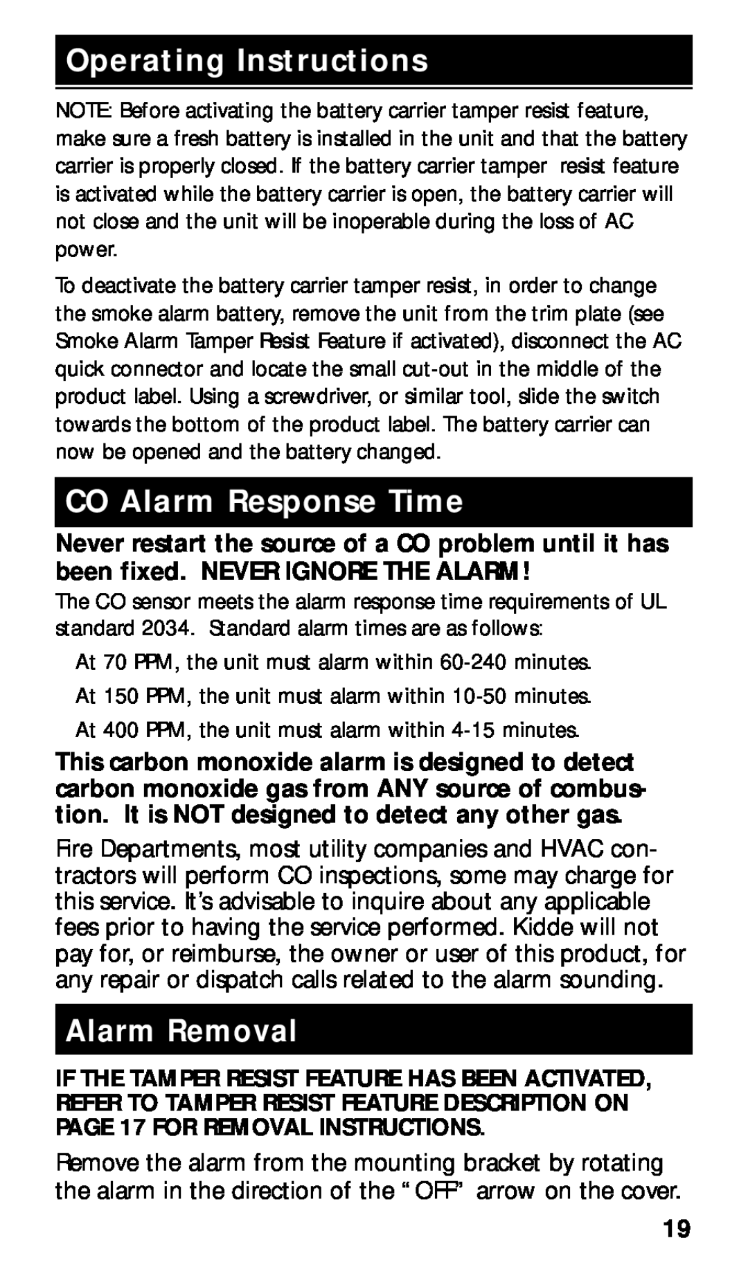 Kidde KN-COPE-I manual CO Alarm Response Time, Alarm Removal, Operating Instructions 