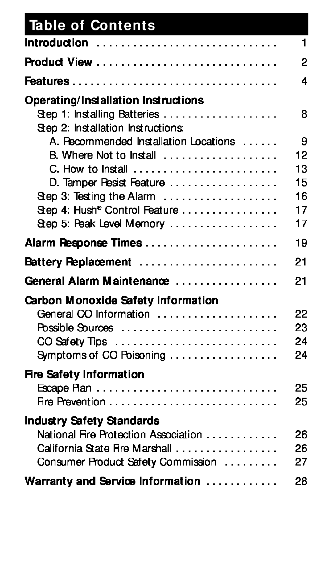 Kidde KN-COPE-I manual Table of Contents, Operating/Installation Instructions, Carbon Monoxide Safety Information 