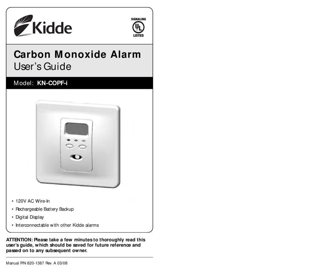 Kidde KN-COPF-I manual Carbon Monoxide Alarm, Model KN-COPF-i 