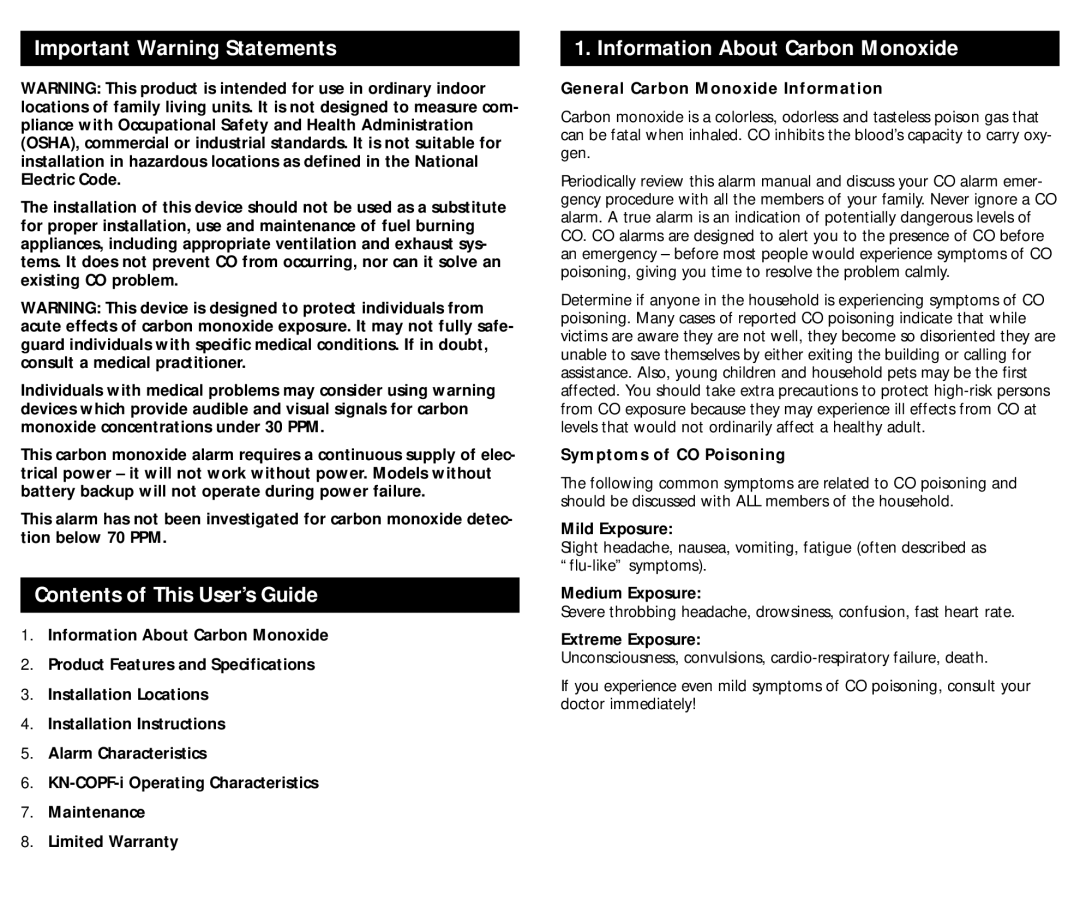 Kidde KN-COPF-I manual Contents of This User’s Guide, Information About Carbon Monoxide 