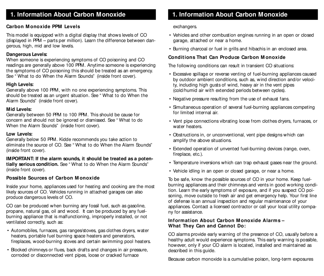 Kidde KN-COPF-I manual Carbon Monoxide PPM Levels, High Levels, Mid Levels, Low Levels 