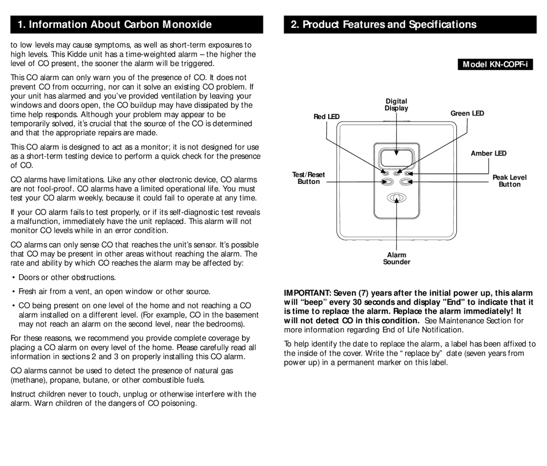 Kidde KN-COPF-I manual Product Features and Specifications, Model KN-COPF-i 