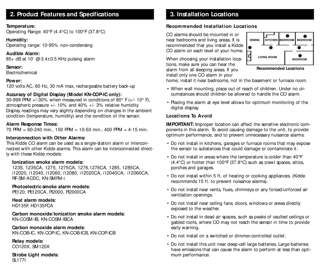 Kidde KN-COPF-I manual Installation Locations 