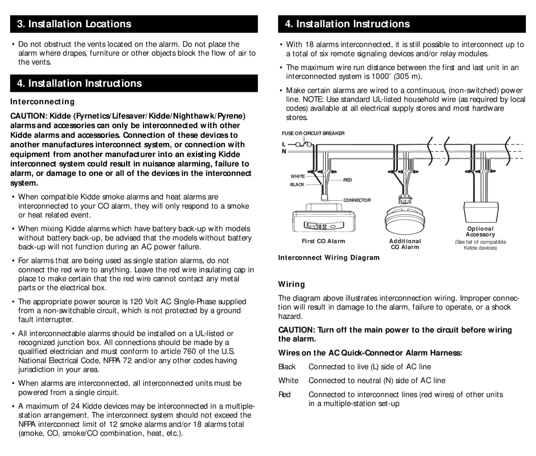 Kidde KN-COPF-I manual Installation Instructions, Interconnecting, Wiring, Wires on the AC Quick-Connector Alarm Harness 