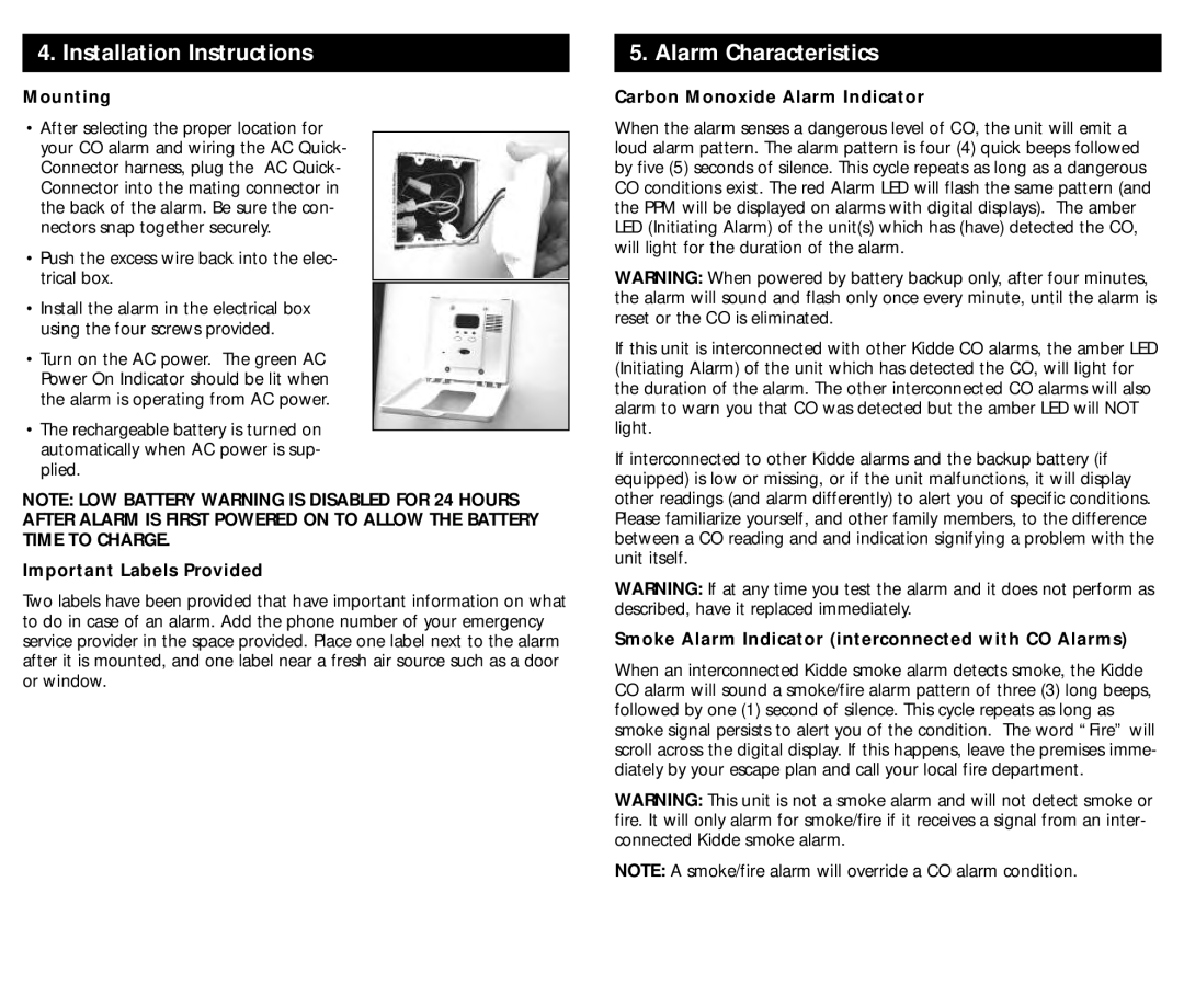 Kidde KN-COPF-I manual Alarm Characteristics, Mounting, Important Labels Provided, Carbon Monoxide Alarm Indicator 