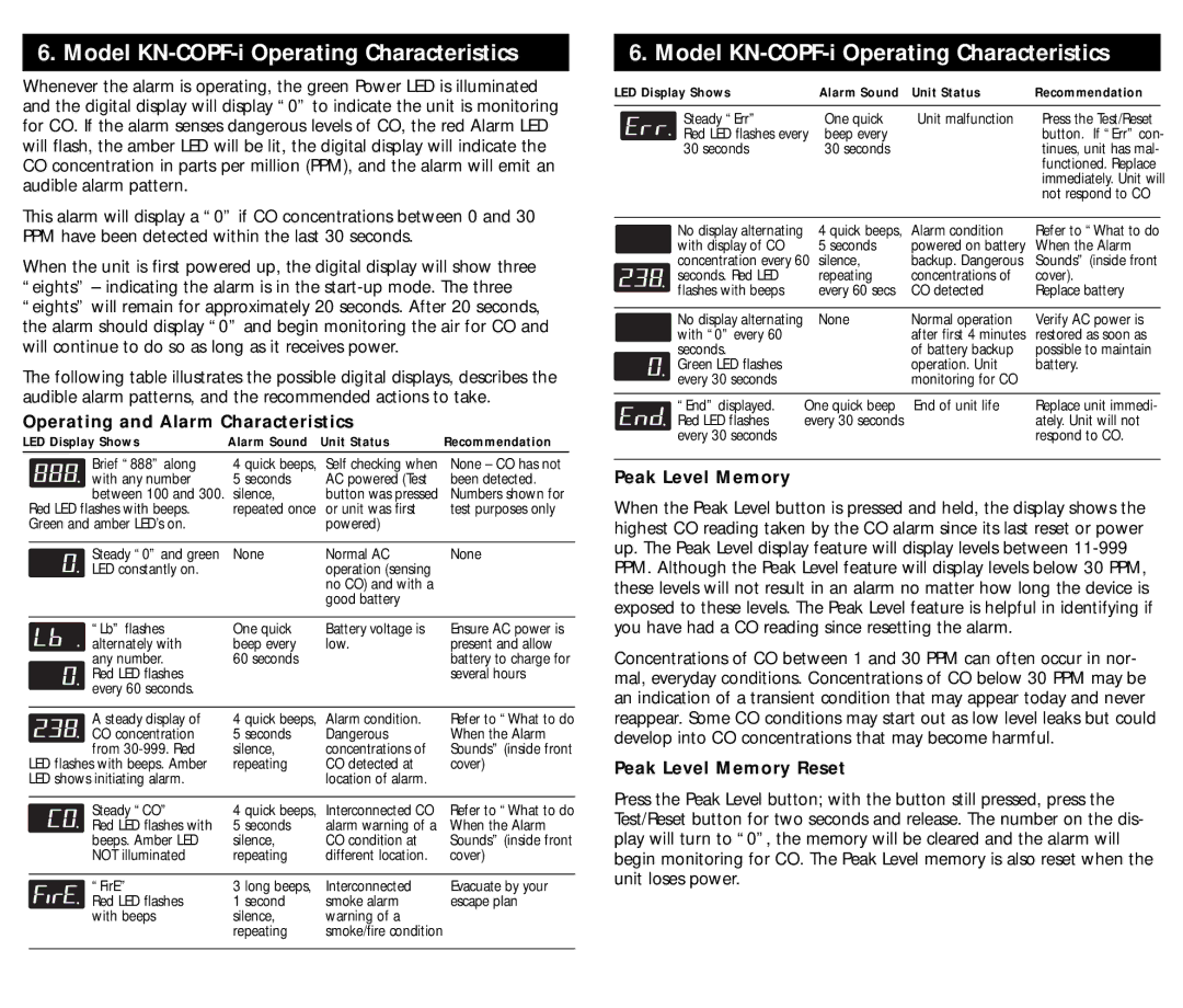 Kidde KN-COPF-I manual Model KN-COPF-i Operating Characteristics, Operating and Alarm Characteristics, Peak Level Memory 