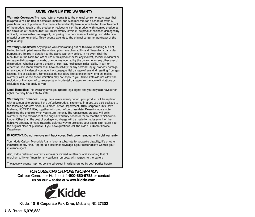 Kidde KN-COPF-I manual Seven Year Limited Warranty, For Questions Or More Information, U.S. Patent 6,976,883 