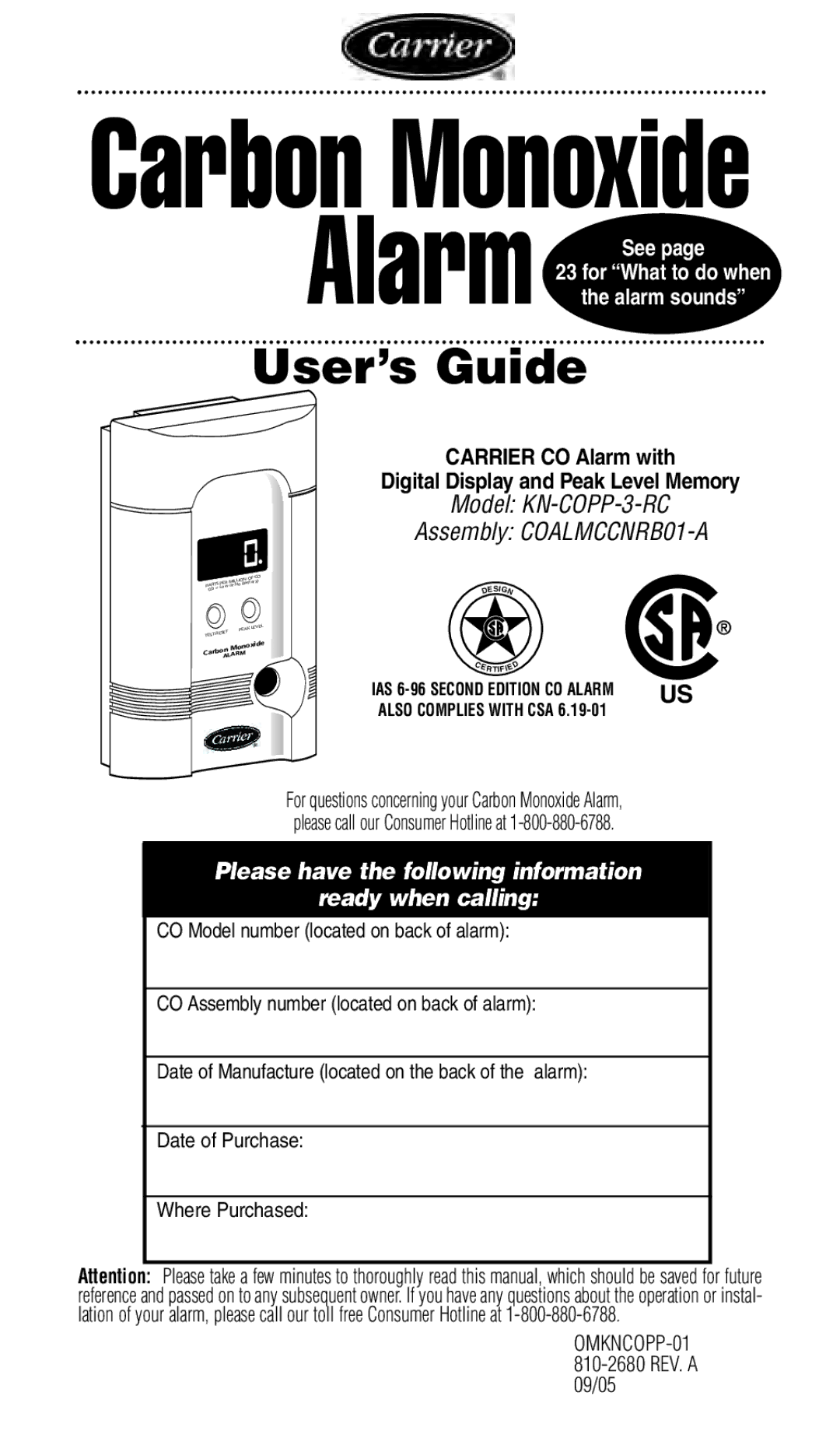 Kidde KN-COPP-3-RC manual Carbon Monoxide 