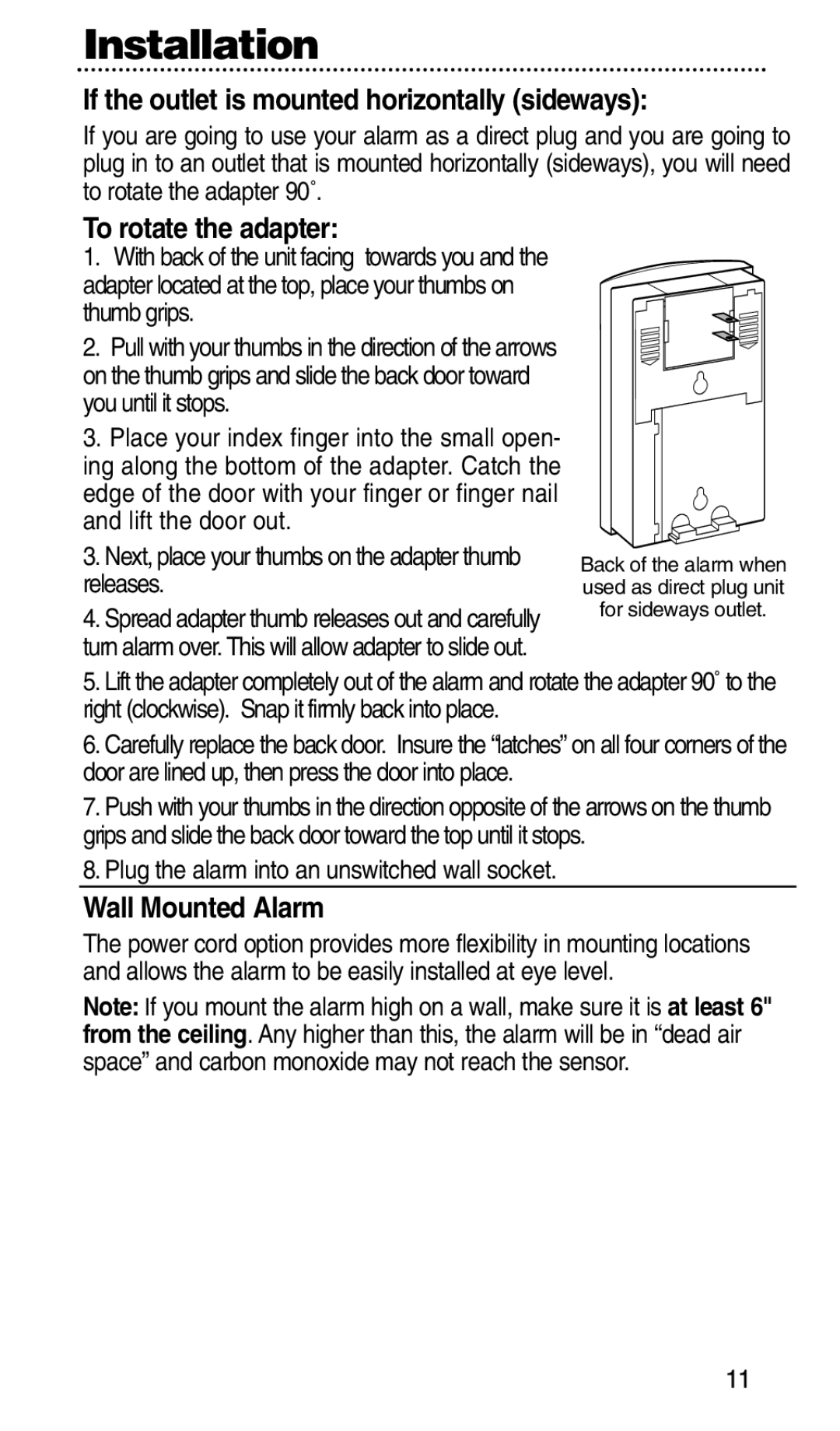 Kidde KN-COPP-3-RC manual If the outlet is mounted horizontally sideways, To rotate the adapter, Wall Mounted Alarm 