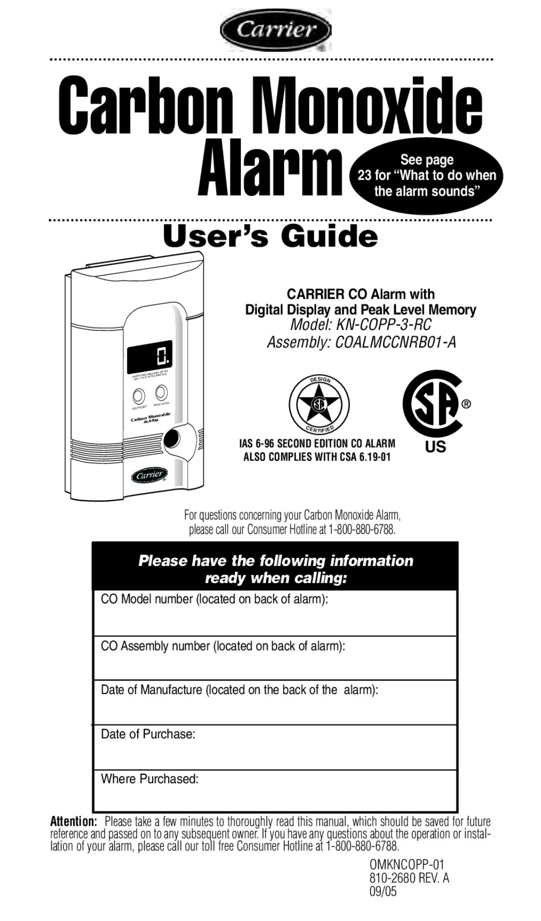 Kidde KN-COPP-3-RC manual Carbon Monoxide, User’s Guide, Alarm See page 23 for “What to do when, the alarm sounds”, Design 