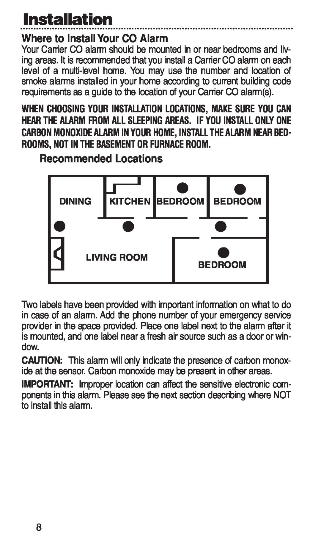 Kidde KN-COPP-3-RC manual Installation, Where to Install Your CO Alarm, Recommended Locations 