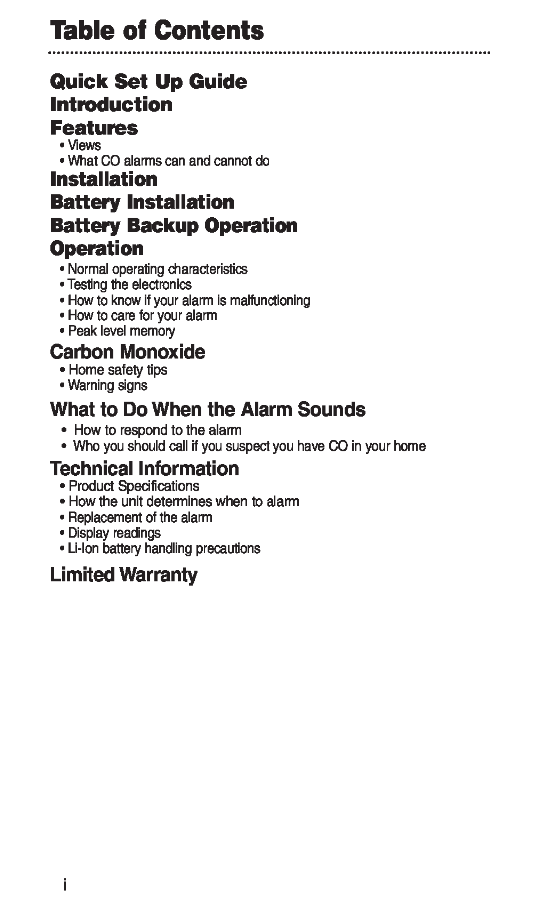 Kidde KN-COPP-3-RC manual Table of Contents, Quick Set Up Guide Introduction Features, Installation Battery Installation 