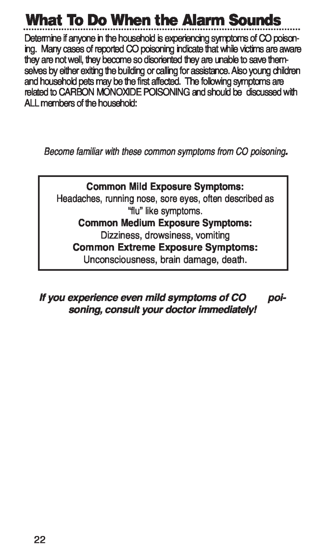 Kidde KN-COPP-3-RC manual What To Do When the Alarm Sounds, Common Mild Exposure Symptoms, Common Medium Exposure Symptoms 