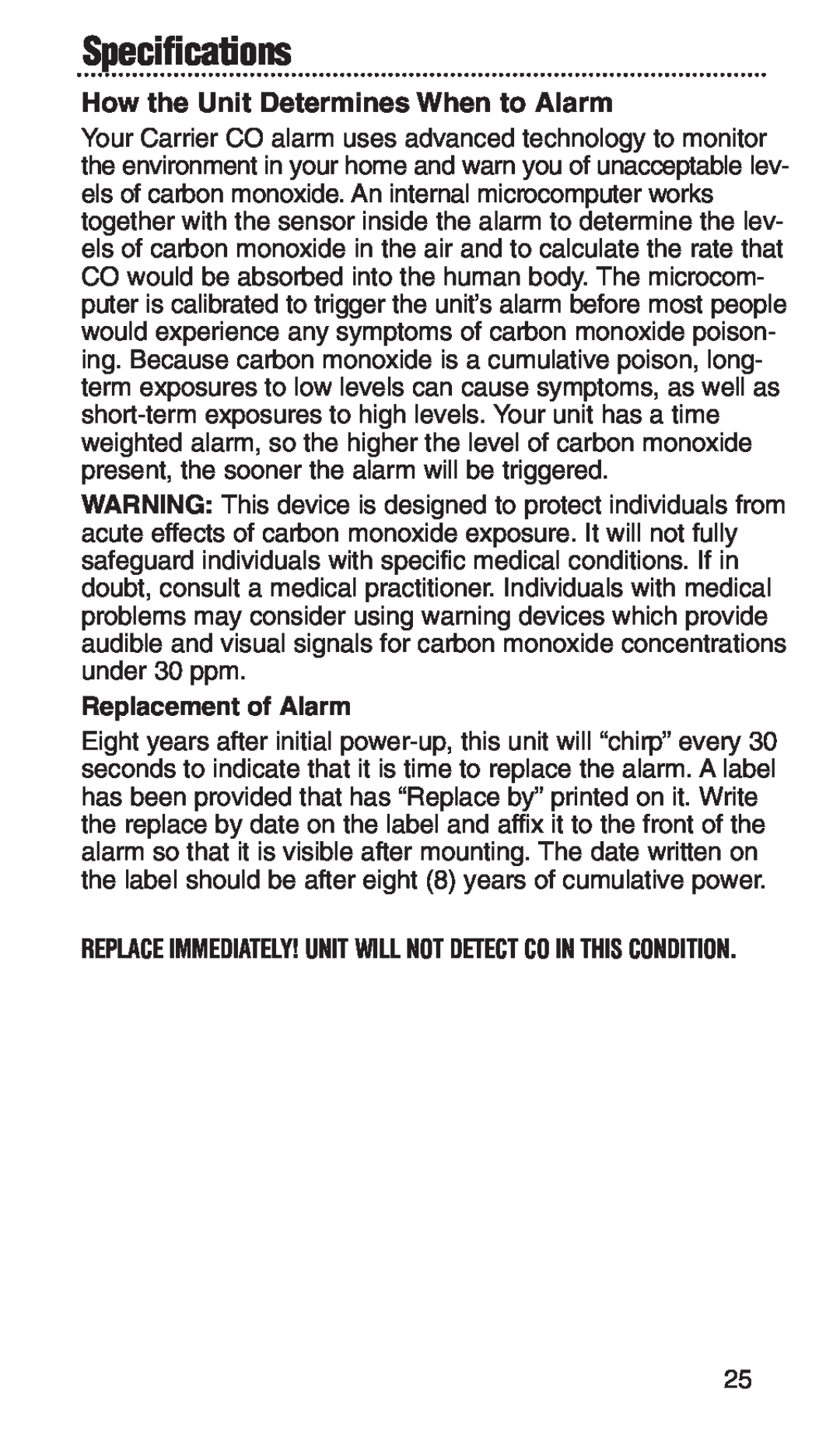 Kidde KN-COPP-3-RC manual Specifications, How the Unit Determines When to Alarm 
