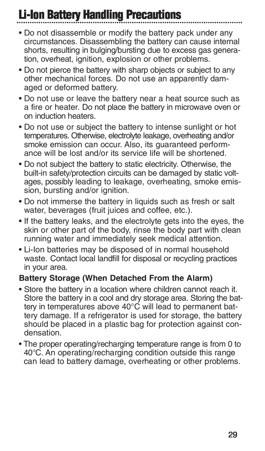 Kidde KN-COPP-3-RC manual Li-IonBattery Handling Precautions, Battery Storage When Detached From the Alarm 