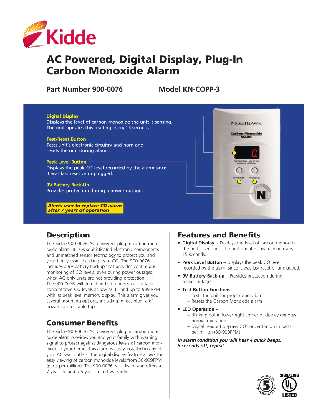 Kidde KN-COPP-3 warranty Part Number, Description, Consumer Benefits, Features and Benefits 