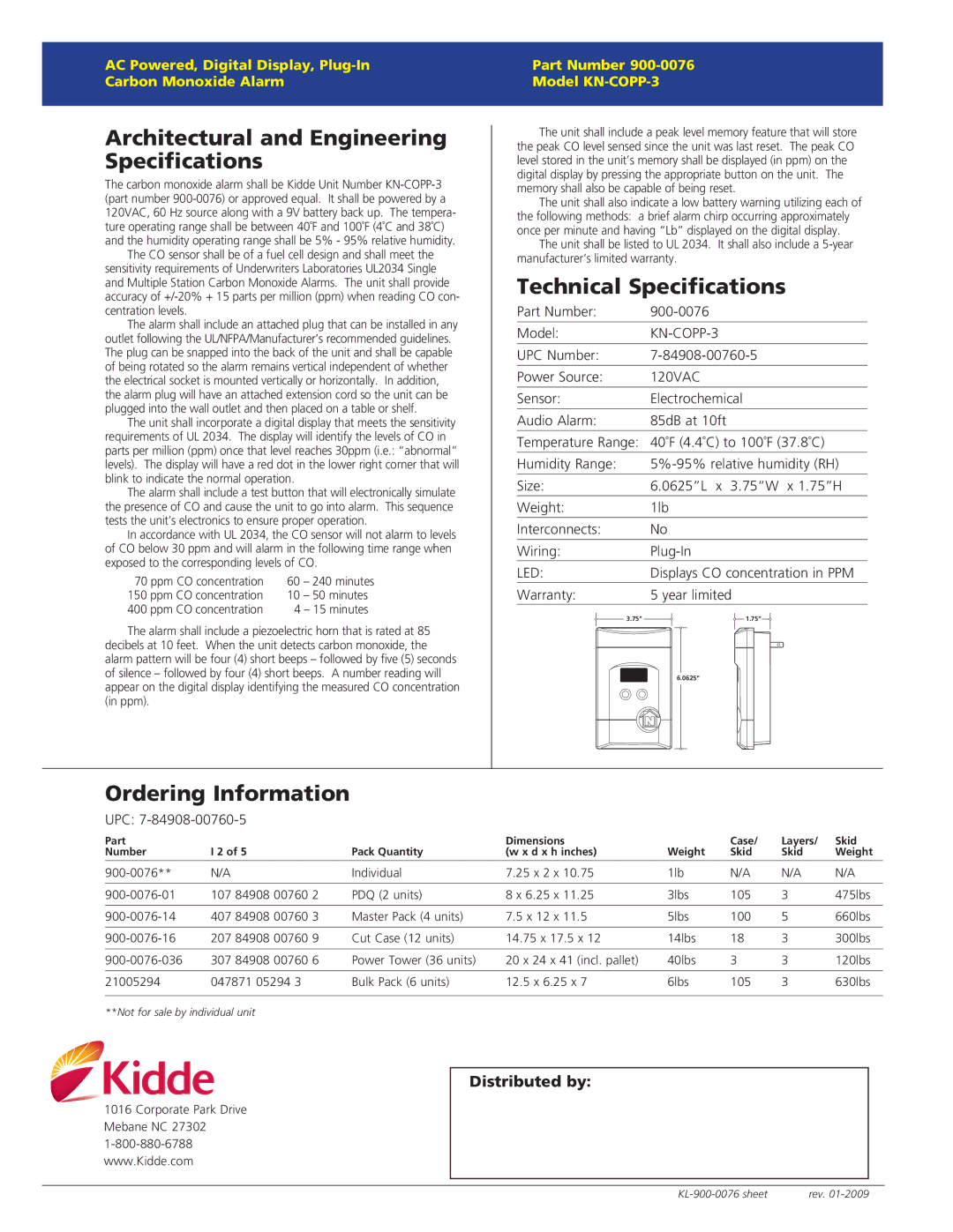 Kidde KN-COPP-3 warranty Architectural and Engineering Specifications, Technical Specifications, Ordering Information 