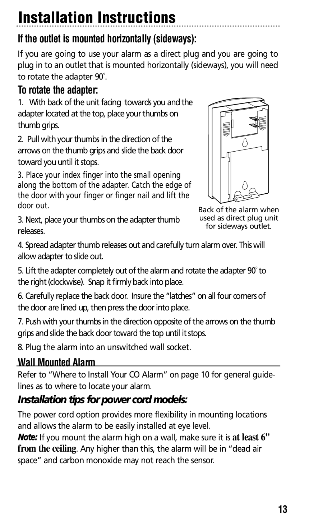 Kidde KN-COPP-3 manual If the outlet is mounted horizontally sideways, To rotate the adapter, Wall Mounted Alarm 