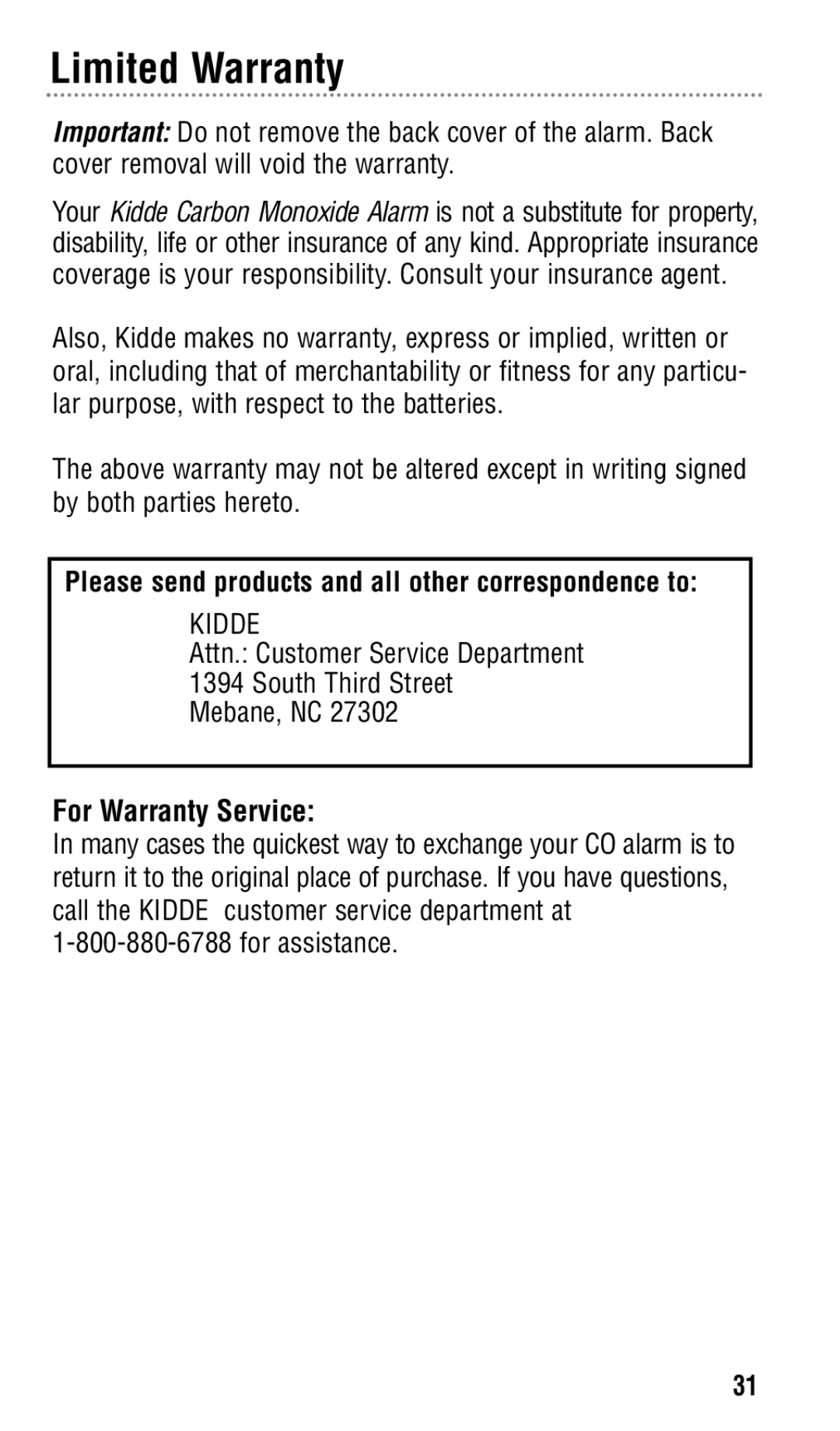 Kidde KN-COPP-3 manual For Warranty Service 