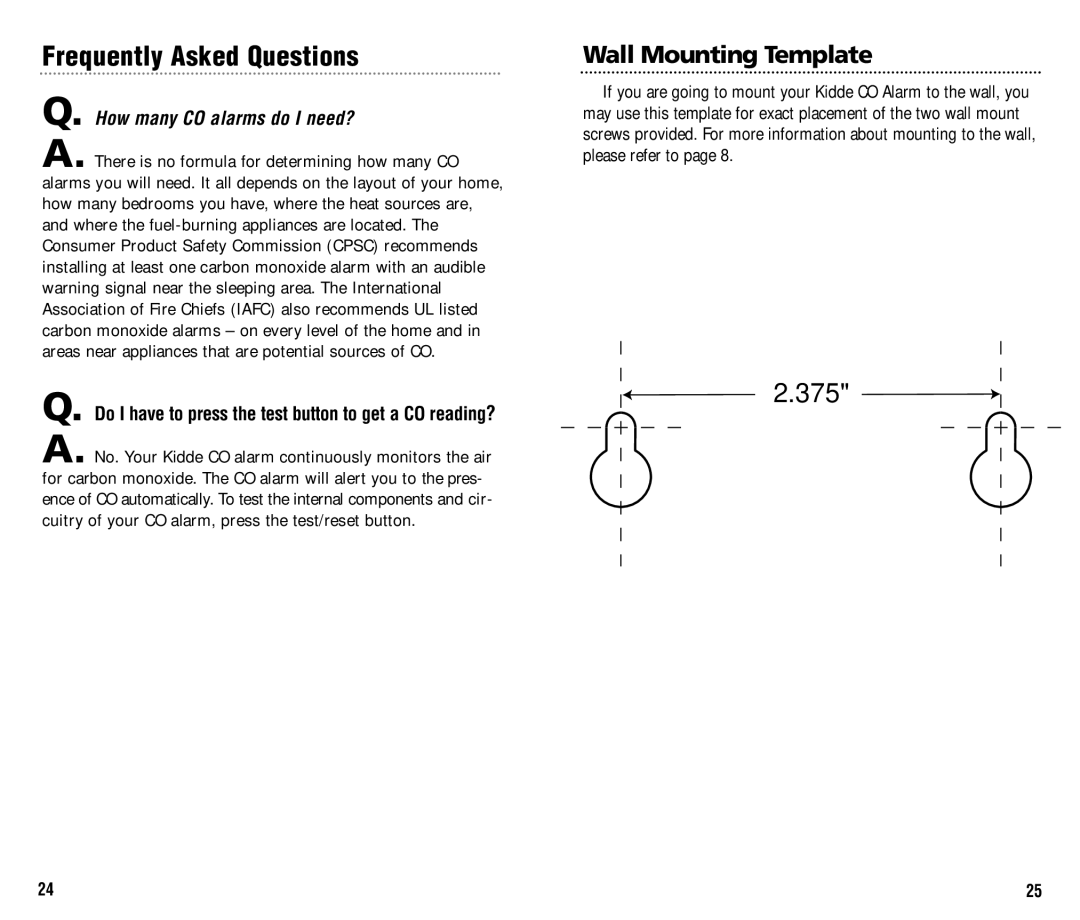 Kidde KN-COB-B, KN-COPP-B manual Frequently Asked Questions, Wall Mounting Template 