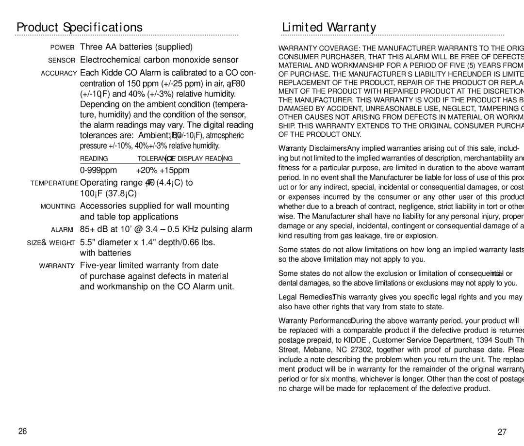 Kidde KN-COPP-B, KN-COB-B manual Product Specifications, Limited Warranty 