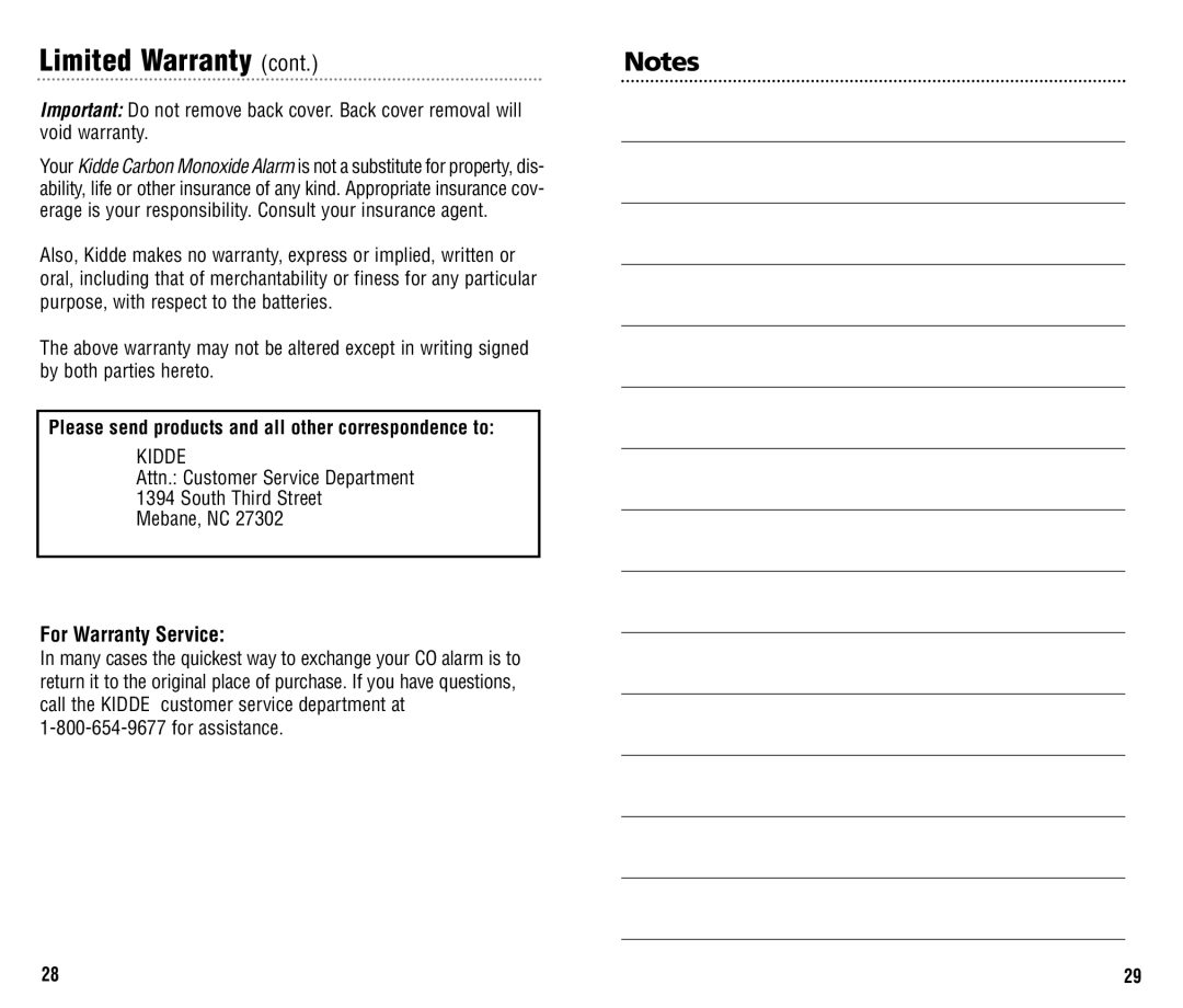 Kidde KN-COB-B, KN-COPP-B manual Please send products and all other correspondence to, For Warranty Service 