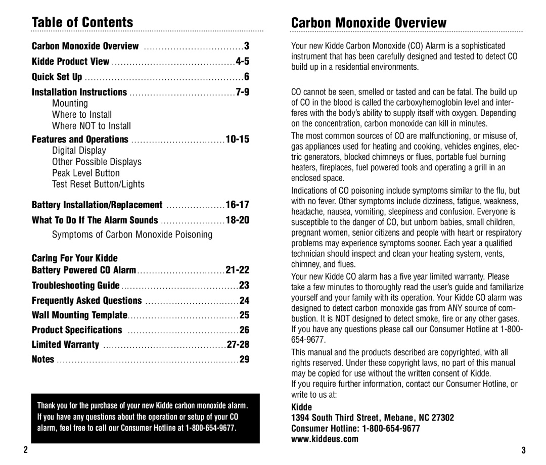 Kidde KN-COPP-B, KN-COB-B manual Table of Contents, Carbon Monoxide Overview 