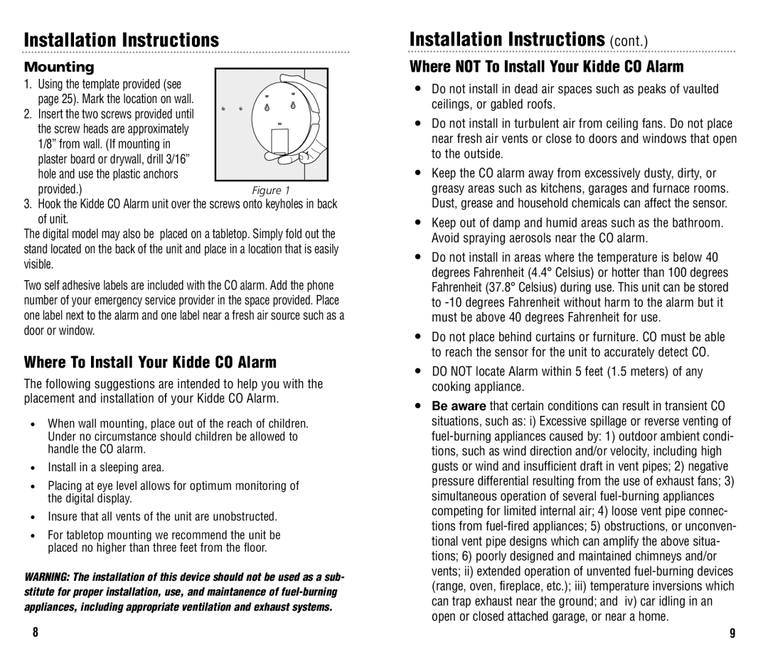 Kidde KN-COB-B Installation Instructions, Where To Install Your Kidde CO Alarm, Where not To Install Your Kidde CO Alarm 