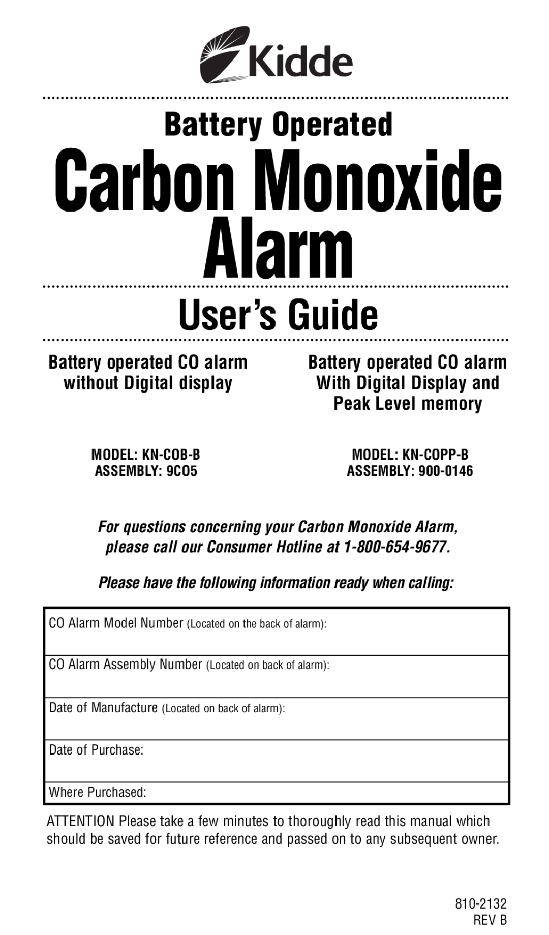 Kidde KN-COB-B manual Alarm, Carbon Monoxide, User’s Guide, Battery Operated, Peak Level memory, Battery operated CO alarm 