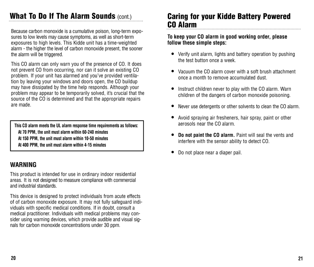 Kidde KN-COB-B, KN-COPP-B manual Caring for your Kidde Battery Powered CO Alarm, What To Do If The Alarm Sounds cont 