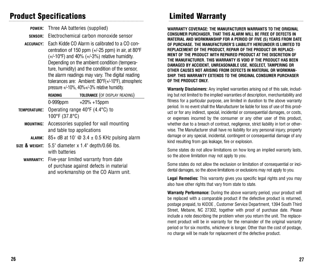 Kidde KN-COPP-B, KN-COB-B manual Product Specifications, Limited Warranty 