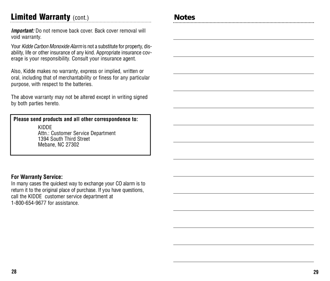 Kidde KN-COB-B, KN-COPP-B manual Limited Warranty cont, For Warranty Service 