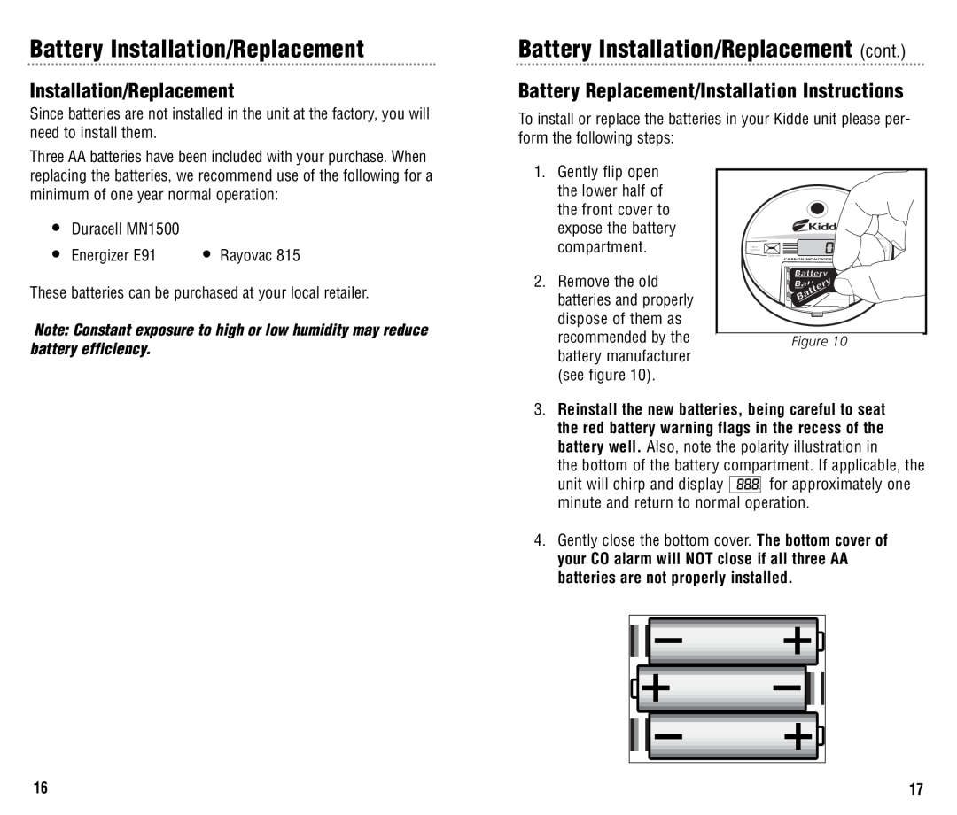 Kidde KN-COB-B, KN-COPP-B manual Battery Installation/Replacement cont, Battery Replacement/Installation Instructions 