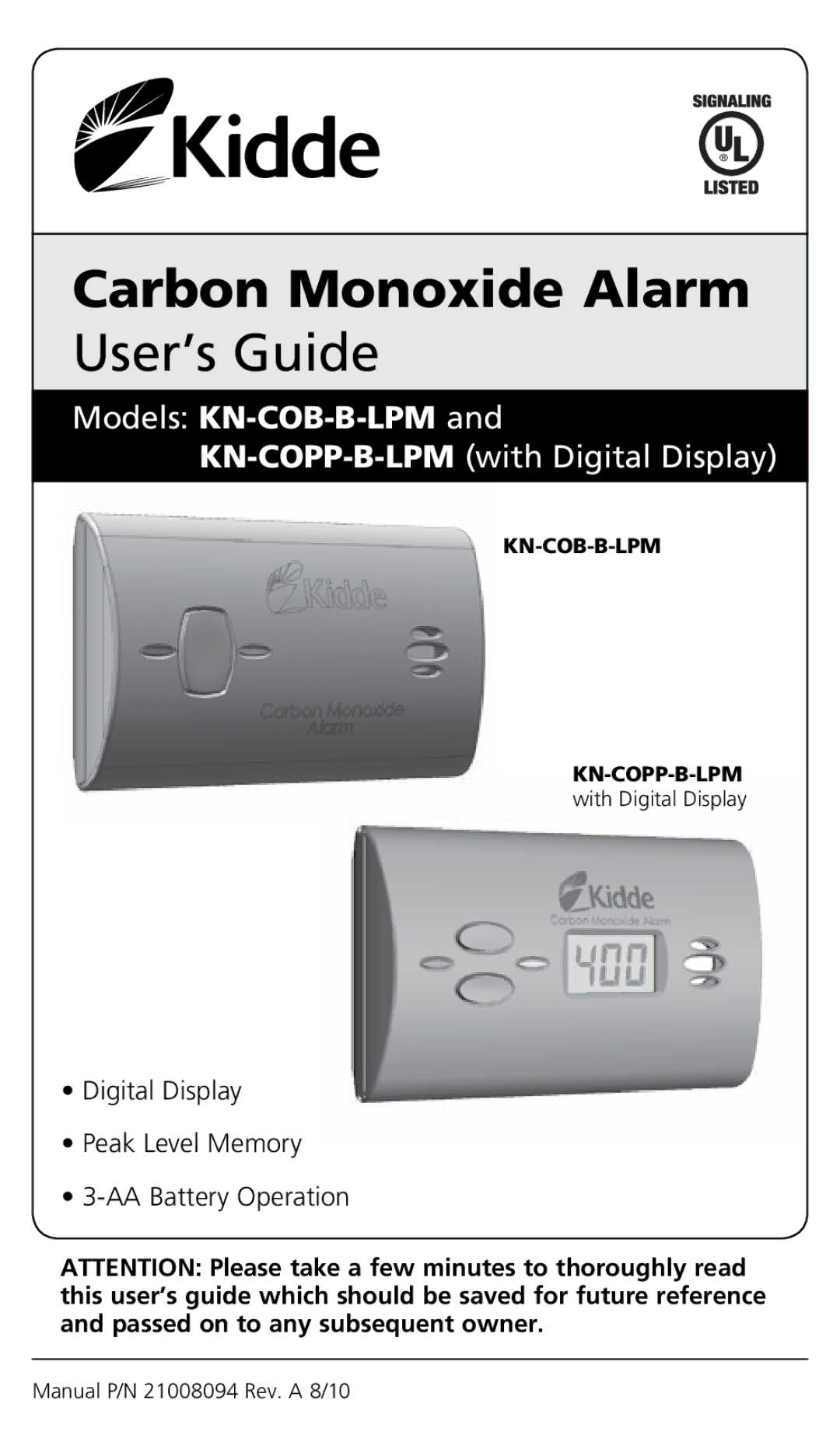 Kidde KN-COPP-B-LPM (with Digital Display) manual Carbon Monoxide Alarm, Models KN-COB-B-LPM 