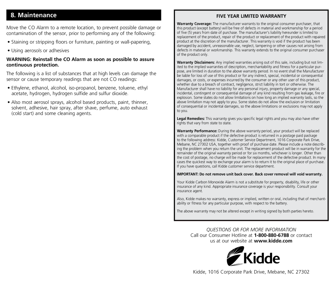 Kidde KN-COB-B-LPM, KN-COPP-B-LPM (with Digital Display) manual Five Year Limited Warranty 