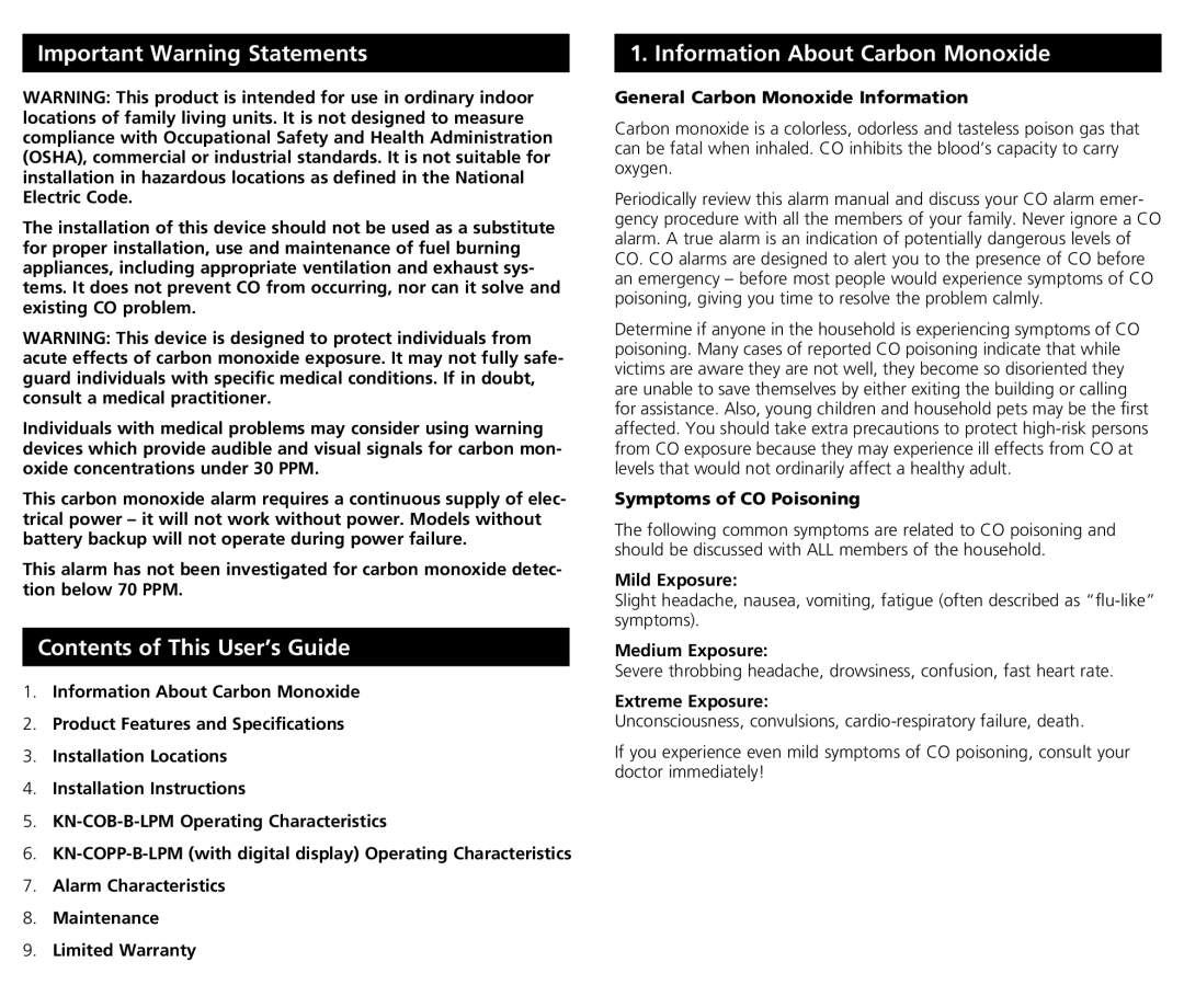 Kidde KN-COPP-B-LPM (with Digital Display), KN-COB-B-LPM Contents of This User’s Guide, Information About Carbon Monoxide 