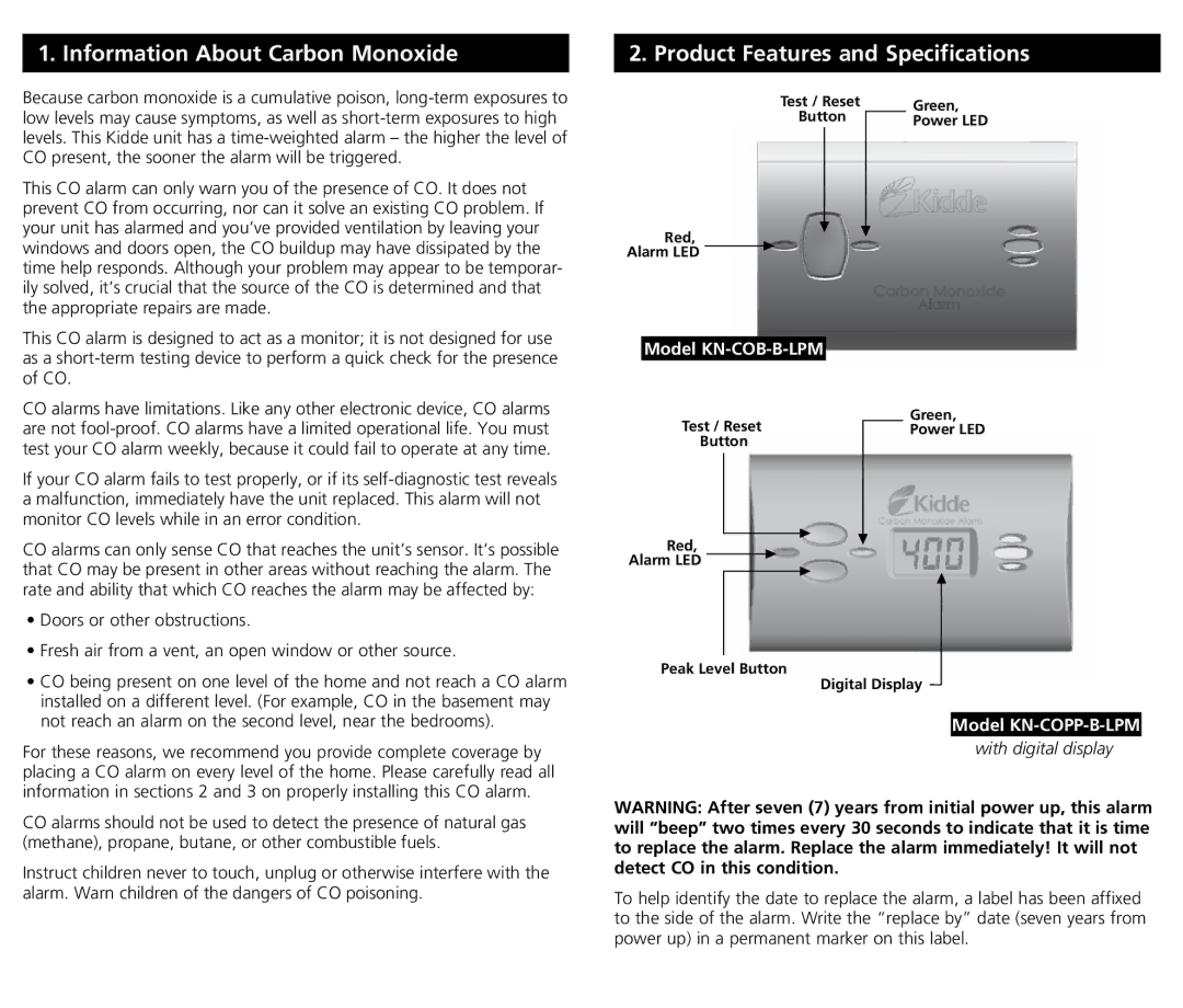 Kidde KN-COPP-B-LPM (with Digital Display) manual Model KN-COB-B-LPM 