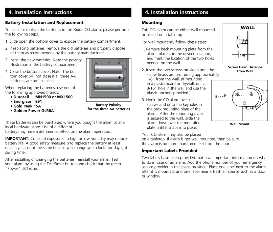 Kidde KN-COPP-B-LPM (with Digital Display) manual Installation Instructions, Battery Installation and Replacement, Mounting 